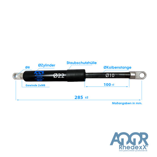 Gasdruckfeder Gasdruckdämpfer Augenaufnahme 285mm/100mm 100N-1.250N M8