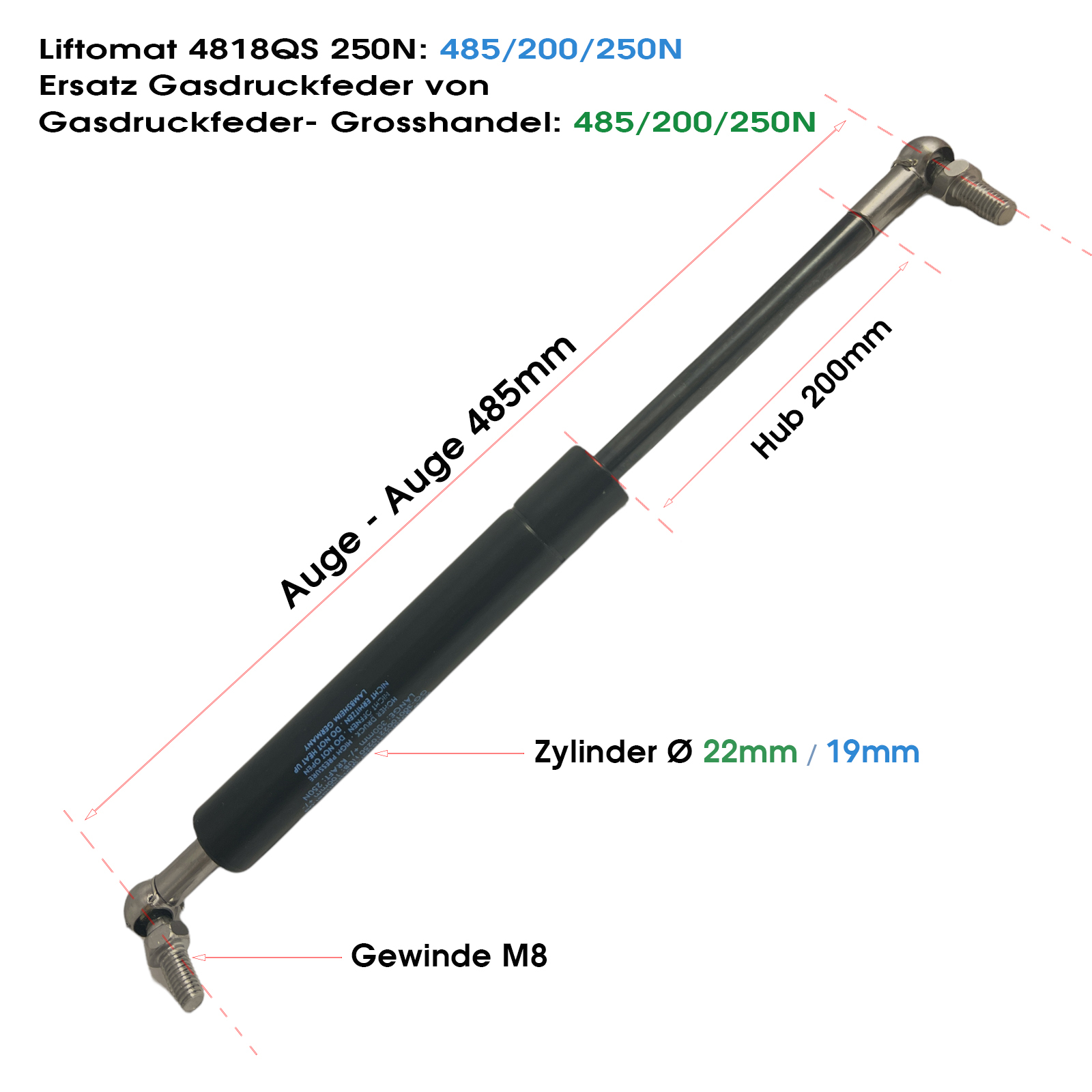 Gasdruckfeder Gasdruckdämpfer Ersatz für Liftomat 4818QS 250N