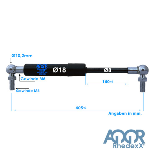 Gasdruckfeder Gasdruckdämpfer Kugelkopf 405mm/160mm