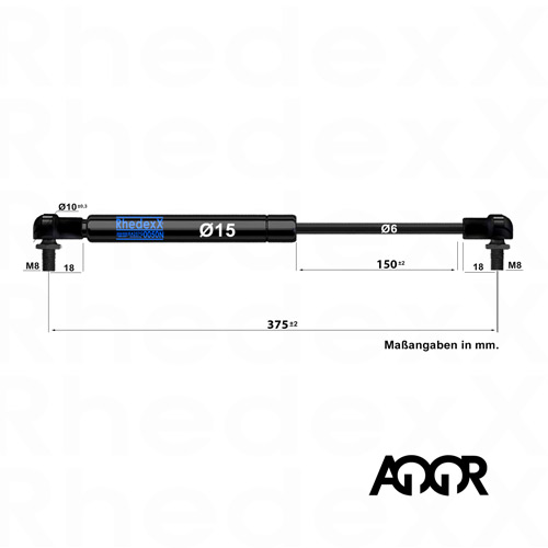 Gasdruckfeder mit Kugelkopf 375mm/150mm 15/6 M6