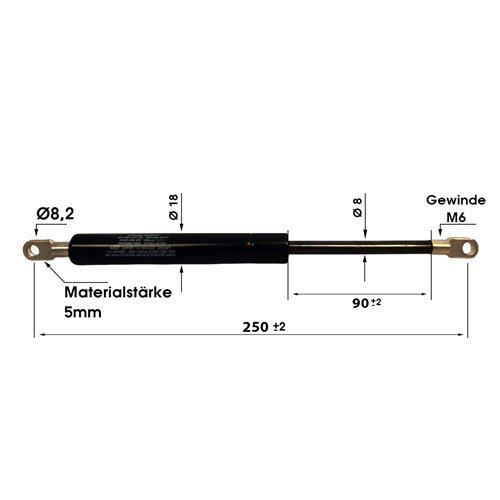 Gasdruckfeder Gasdruckdämpfer Augenaufnahme 250mm/90mm 50N-800N M6 18/8
