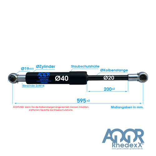 Gasdruckfeder Gasdruckdämpfer Kugelpfanne 595mm/200mm 2.400N-5.000N M14
