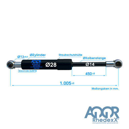 Gasdruckfeder Gasdruckdämpfer Kugelpfanne 1.005mm/450mm 1.000N-2.300N M10