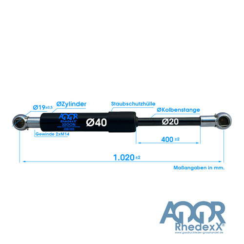 Gasdruckfeder Gasdruckdämpfer Kugelpfanne 1.020mm/400mm 2.400N-5.000N M14