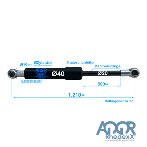 Gasdruckfeder Gasdruckdämpfer Kugelpfanne 1.210mm/500mm 2.400N-5.000N M14