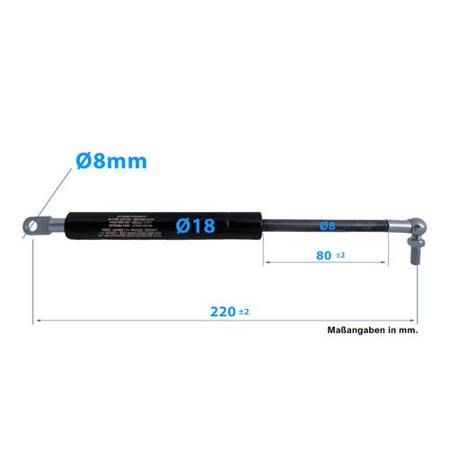 Gasdruckfeder Kugelkopf Augenaufnahme 220mm/80mm 50N-800N M6 18/8