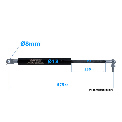 Gasdruckfeder Kugelkopf Augenaufnahme 575mm/230mm 50N-800N M6 18/8