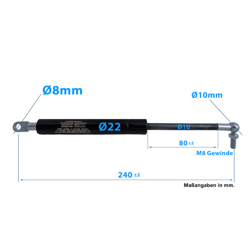 Gasdruckfeder Kugelkopf Augenaufnahme 240mm/80mm 100N-1.250N M8 22/10
