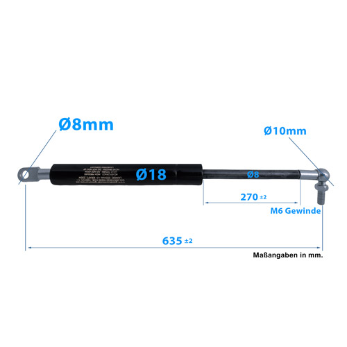 Gasdruckfeder Kugelkopf Augenaufnahme 635mm/270mm 50N-800N M6 18/8
