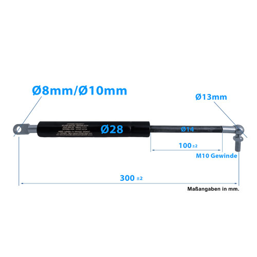 Gasdruckfeder Kugelkopf Augenaufnahme 300mm/100mm 1.300N-2.500N M10 28/14