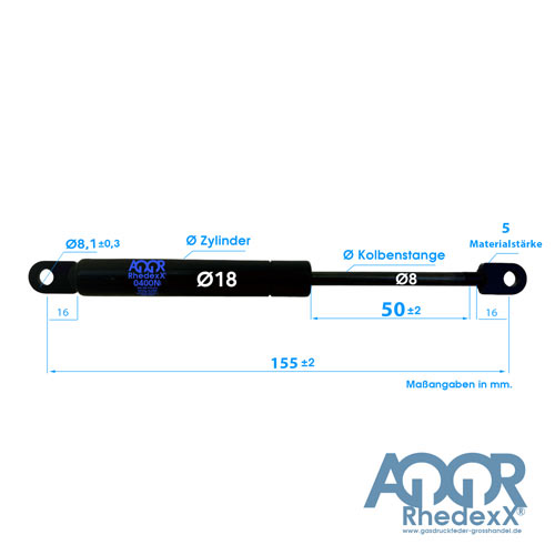 Gasdruckfeder Gasdruckdämpfer Augenaufnahme 155mm/50mm 50N-800N M6 18/8