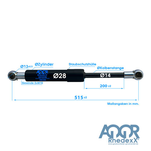 Gasdruckfeder Gasdruckdämpfer Kugelpfanne 515mm/200mm 1.300N-2.500N M10