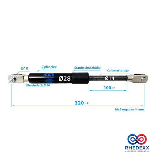 Gasdruckfeder Gasdruckdämpfer Gabelkopf 320mm/100mm 1.300N-2.500N M10