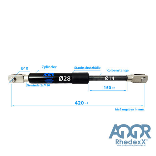 Gasdruckfeder Gasdruckdämpfer Gabelkopf 420mm/150mm 1.300N-2.500N M10