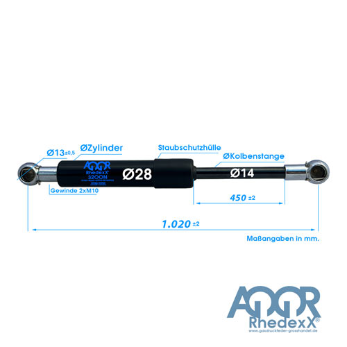 Gasdruckfeder Gasdruckdämpfer Kugelpfanne 1.020mm/450mm 1.000N-2.300N M10