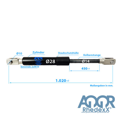 Gasdruckfeder Gasdruckdämpfer Gabelkopf 1.020mm/450mm 1.000N-2.300N M10