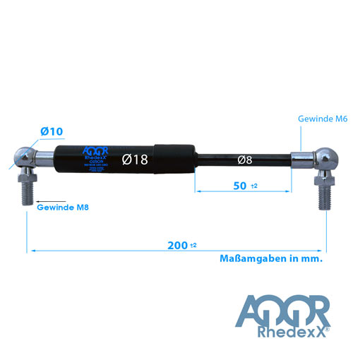Gasdruckfeder Gasdruckdämpfer Kugelkopf 200mm/50mm 50N-850N M6 18/8
