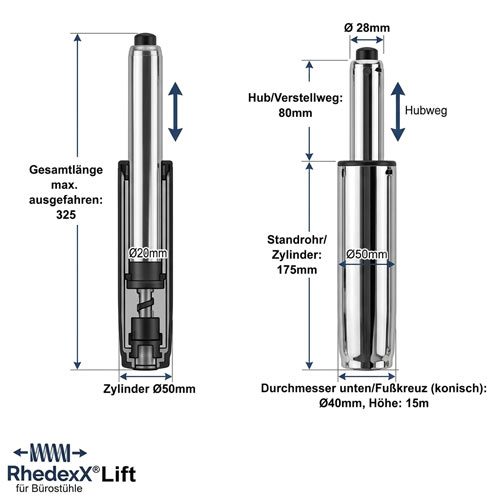 Gasdruckfeder für Bürostuhl Länge 325mm höhenverstellbar 80mm silbern